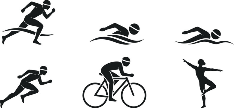 Sports icons showing running swimming cycling and dancing figures isolated on transparent background