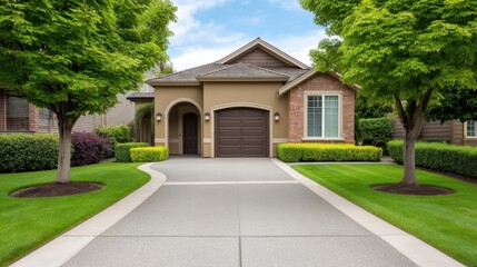 Obraz premium Charming suburban home with manicured landscape and smooth driveway under a clear blue sky inviting a sense of tranquility and comfort in residential living
