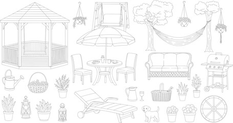 Obraz premium Outdoor garden furniture and patio decor set featuring gazebo hammock table chairs grill and potted plants line art illustration