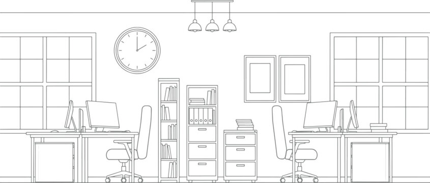 Modern office interior line art illustration featuring desks computers chairs bookshelves and wall clock in a minimalist workspace design
