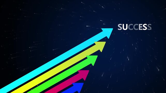 Multiple colorful arrows in cyan yellow green and magenta ascending diagonally towards the word SUCES on a dark blue background with scattered white light streaks representing growth and