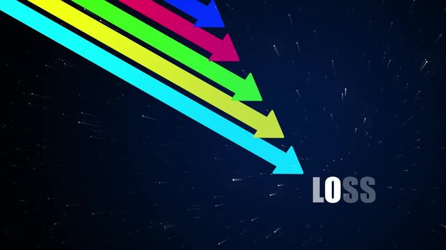 A series of colorful arrows in cyan yellow green and magenta pointing downwards diagonally towards the word LOSES on a dark blue background with scattered white light streaks symbolizing