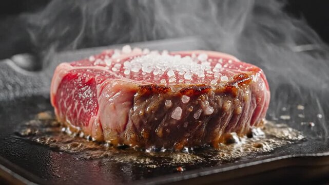 Raw beef filet mignon steak seasoned with sea salt crystals sizzling on a hot black cast iron griddle with rising steam and smoke, showing the browning edges during searing.