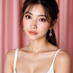 Naklejka premium Young asian woman with natural makeup in soft pink lighting close-up portrait