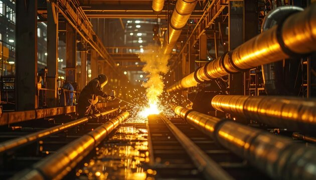 Industrial Forge Workshop with Molten Metal Sparks Flying.