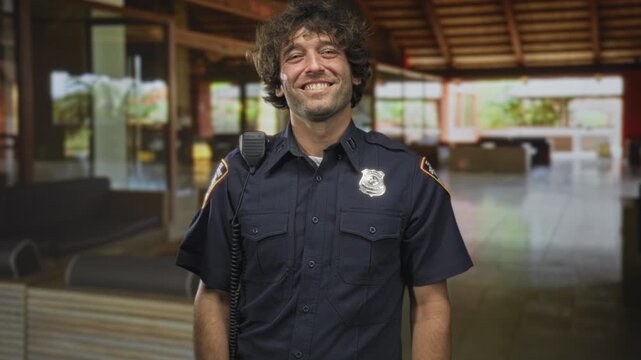 Police officer man smiling with open palm gesture, showing chest badge and radio microphone on shoulder inside a building lobby with tiled floor and seating; service friendly.