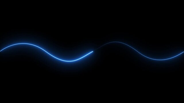A single bright blue neon wave line curves horizontally across a completely black background, creating a minimalist abstract visual representation of a sine wave or sound frequency