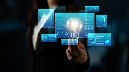 Obraz premium Comprehensive AI monitoring dashboard featuring neural network brain AI core surrounded by various AI data analytics widgets, charts, and voice recognition UI. AI High-tech data science. Corpus