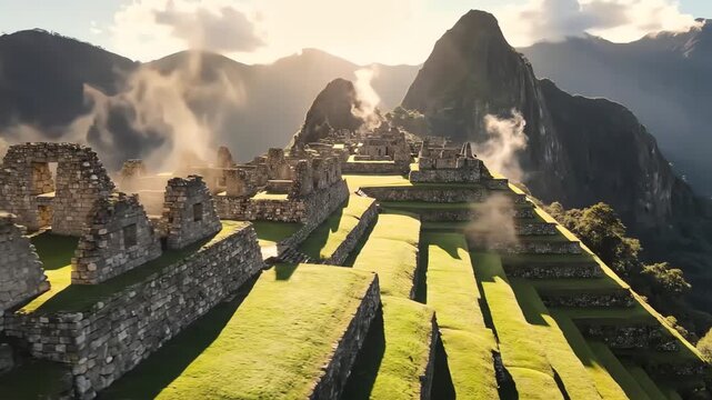 Ancient Machu Picchu Incan Ruins with Morning Mist and Sunlight