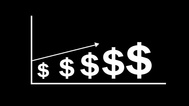 A simple white line graph on a black background five increasing dollar signs representing financial growth and increasing wealth accumulation with an upward trending arrow indicating positive
