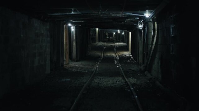 Dark abandoned underground coal mine tunnel with rails for a mining trolley or cart