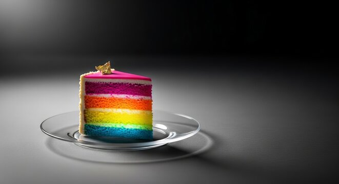 A triangular slice of gourmet layered cake rests on a glass plate, featuring a vibrant glowing gradient effect under soft studio light, culinary, shiny, cake