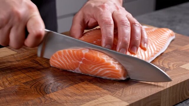 Close-up of a chef slicing a fresh raw salmon fillet with a sharp knife on a wooden cutting board, preparing sashimi or sushi from high-quality orange fish meat with marbling.
