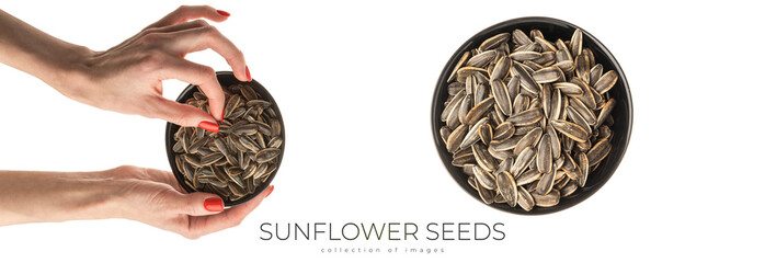 Fototapeta premium Female hand sunflower seeds on a white background isolation