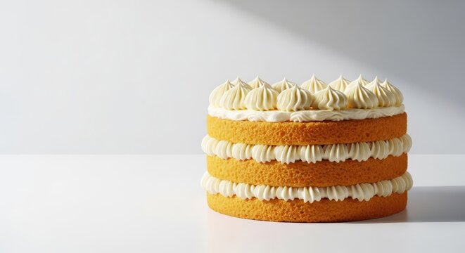 Gourmet sponge cake with velvety smooth vanilla frosting layers, showcasing professional pastry piping details and a clean studio backdrop, baking, food, frosting