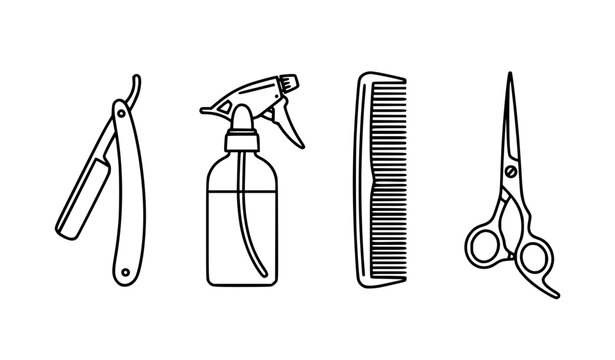Clean black and white outline vector barber shop tools illustration set simple minimalist drawing of razor spray bottle comb and scissors