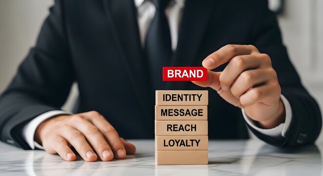 Businessman places red brand block on stack symbolizing identity message reach and loyalty for strategic marketing growth