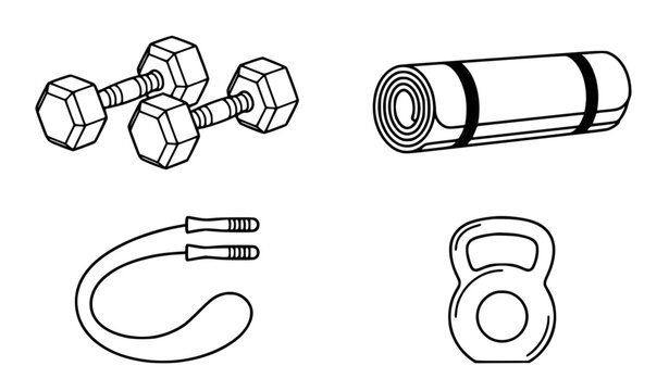 Minimalist black and white fitness and yoga equipment vector illustration set clean line art outline of dumbbells yoga mat jump rope and kettlebell
