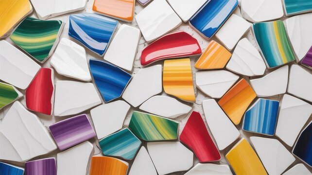 Colorful broken ceramic shards arranged in a mosaic pattern with white pieces tile abstract
