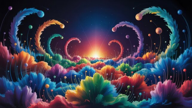 Vibrant abstract alien flora with glowing orbs against a starry night sky colorful