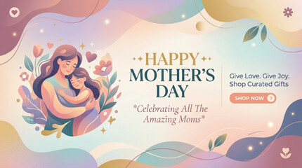 Fototapeta premium Mother's day social media banner with happy mother and child illustration celebrating amazing moms with colorful floral background and hearts