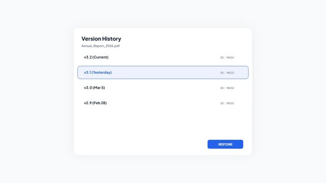 Version history interface showing document restoration process for annual report pdf file with loading progress animation
