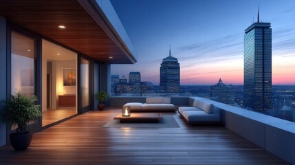 Obraz premium Elegant Urban Terrace with Comfortable Lounge Area Overlooking a City Skyline at Dusk, Modern Architecture and Peaceful Atmosphere