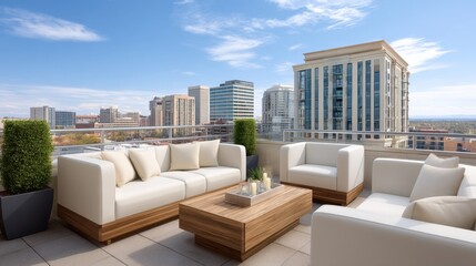 Obraz premium Modern Rooftop Lounge with Cozy Seating and Urban Skyline View Under Clear Blue Sky