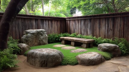 Fototapeta premium Serene Zen Garden with Natural Stones, Table, and Lush Greenery Surrounded by Bamboo Fencing for Tranquil Outdoor Space