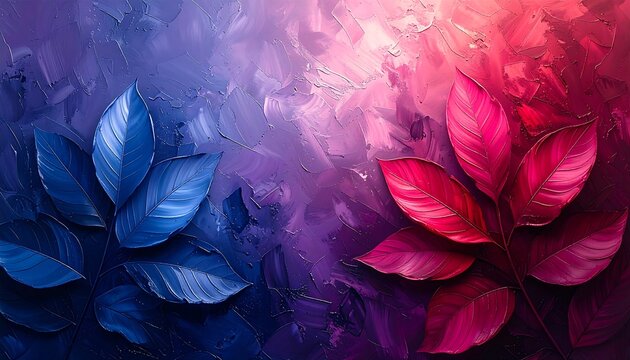 Vivid oil painting depiction features two vibrant leafy branches on opposite sides, against a textured, blended background of complementary colors
