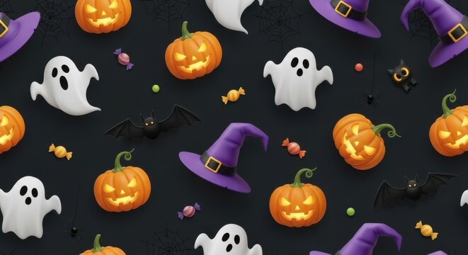 Halloween seamless pattern with 3d pumpkins, ghosts, witch hats, bats, and candies on black background