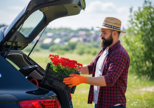 Bearded man in a straw hat loads a crate of red geraniums into the back of his vehicle.