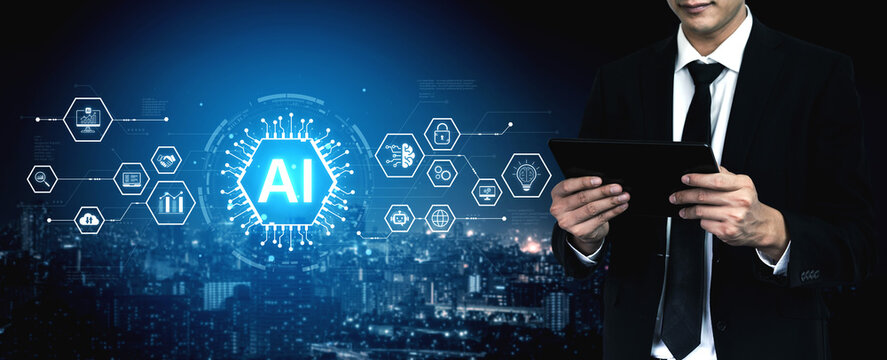 Artificial intelligence network concept connecting services, security, analytics and automation across a distributed ecosystem. Corpus