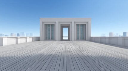 Obraz premium Modern minimalist architectural design showcasing an empty terrace with wooden flooring against a bright blue sky and city skyline in the background