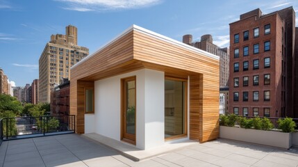 Fototapeta premium Modern rooftop structure with wooden paneling and urban skyline view, showcasing contemporary architecture and outdoor living space in a city setting