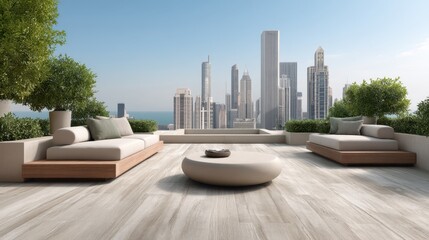 Obraz premium Modern rooftop terrace with stylish outdoor furniture overlooking a vibrant city skyline and clear blue sky for luxury living, relaxation, and urban lifestyle
