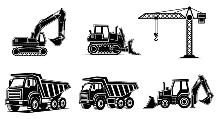 Construction Equipment Collection Featuring Excavator Bulldozer Crane and Dump Trucks. © Kangmas