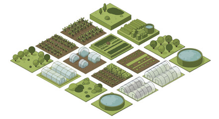 Fototapeta premium Isometric Farm Fields and Agricultural Elements Collection.
