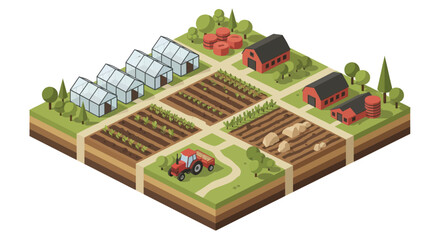 Isometric Farm Landscape with Crops and Buildings. © Fais