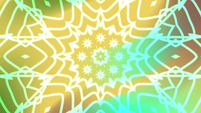 Suitable for backgrounds, digital art, textile prints, and graphic design projects, this abstract kaleidoscopic pattern features glowing lines and shapes.