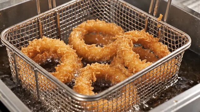 Five breaded onion rings submerged in bubbling hot cooking oil inside a stainless steel deep fryer wire basket; close-up view of deep frying process in a commercial kitchen environment.
