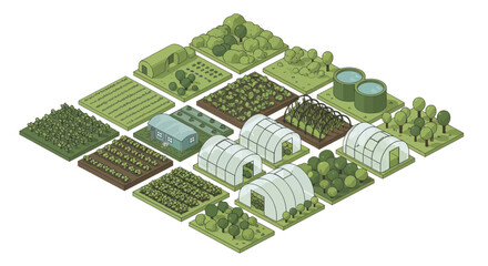 Isometric farm with various crops greenhouses and agricultural structures. © Fais