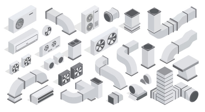 Isometric HVAC System Components and Ventilation Equipment Set.