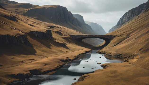 Mountain Valley with Stone Arch Bridge and River Landscape