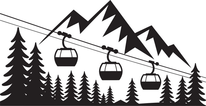 Mountain landscape with pine tree forest and three gondolas on a cableway, outdoor winter scene.