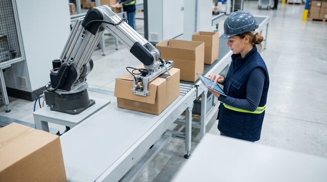 Female engineer using a digital tablet to control a robotic arm in a modern automated warehouse