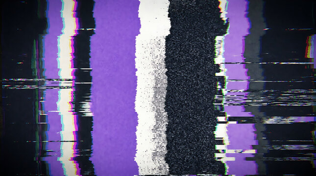 Abstract background of purple white black vertical stripes with static noise abstract background vertical interference television distorted transmission