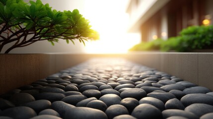 Obraz premium Serene Pathway of Smooth Black Stones Surrounded by Lush Greenery and Soft Light in a Modern Architectural Setting