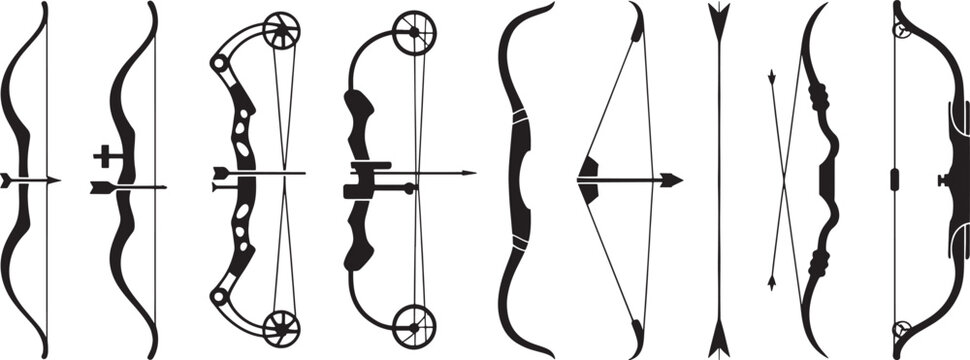 Set of archery bows in different styles with arrows for sports and hunting activities.