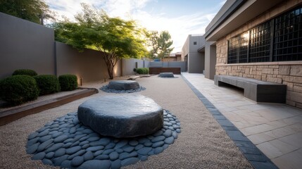 Obraz premium Tranquil Zen Garden with Gravel Path, Large Rocks and Lush Greenery Under a Clear Sky in a Contemporary Landscape Design